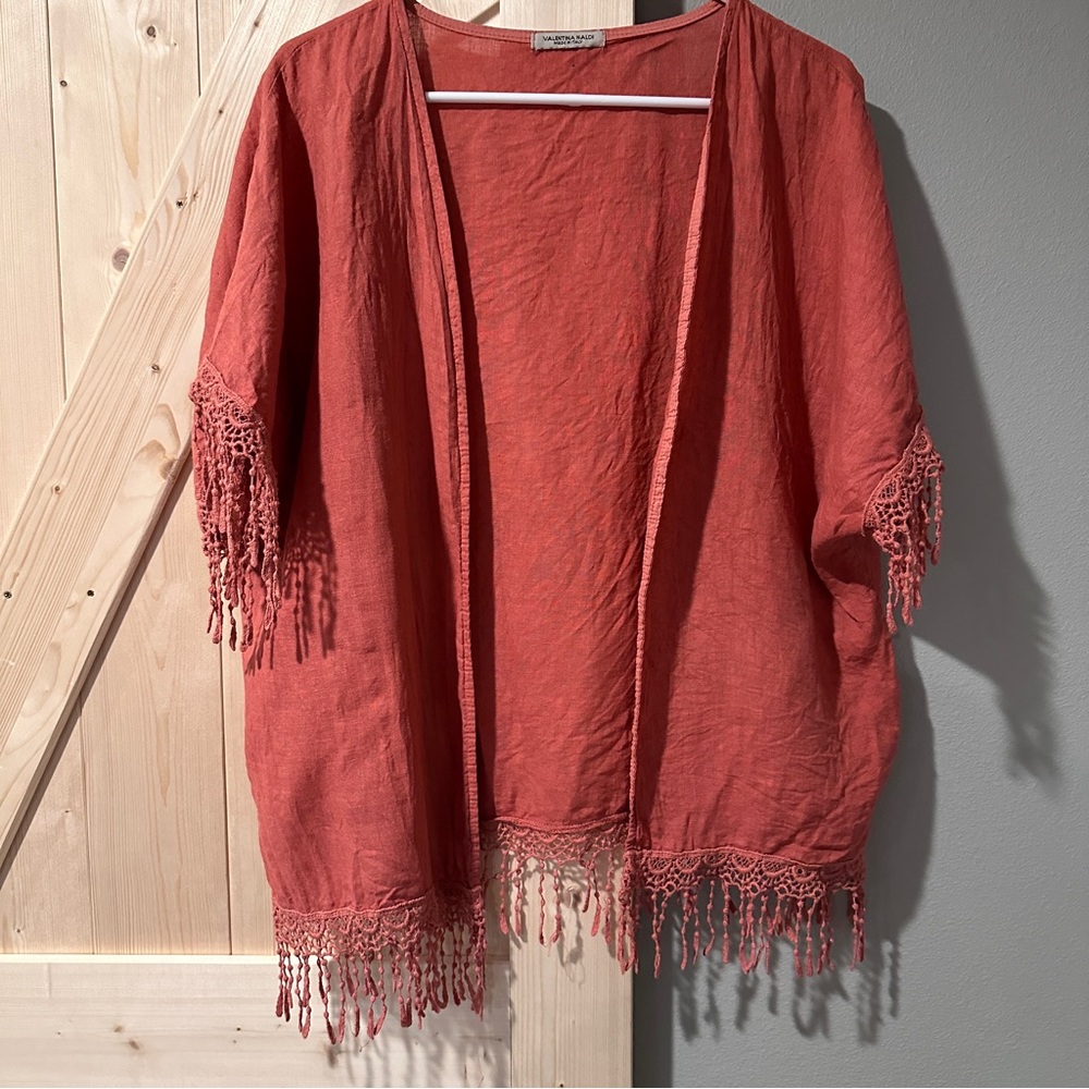 Valentina Naldi Italy Boho Fringe Shawl Coral OS Linen Open Front Lagenlook